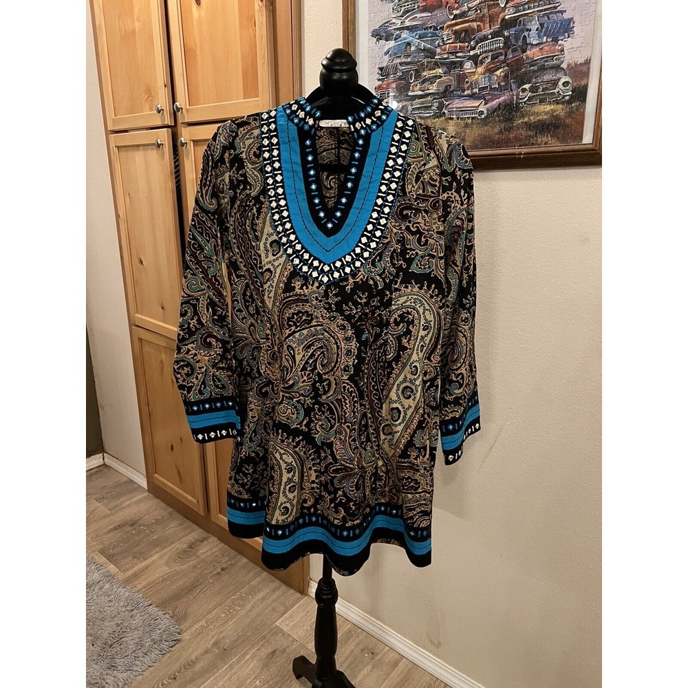 SOFT SURROUNDINGS‎ Aubrey Blue Black Tan Paisley V-Neck Boho Top Size Small